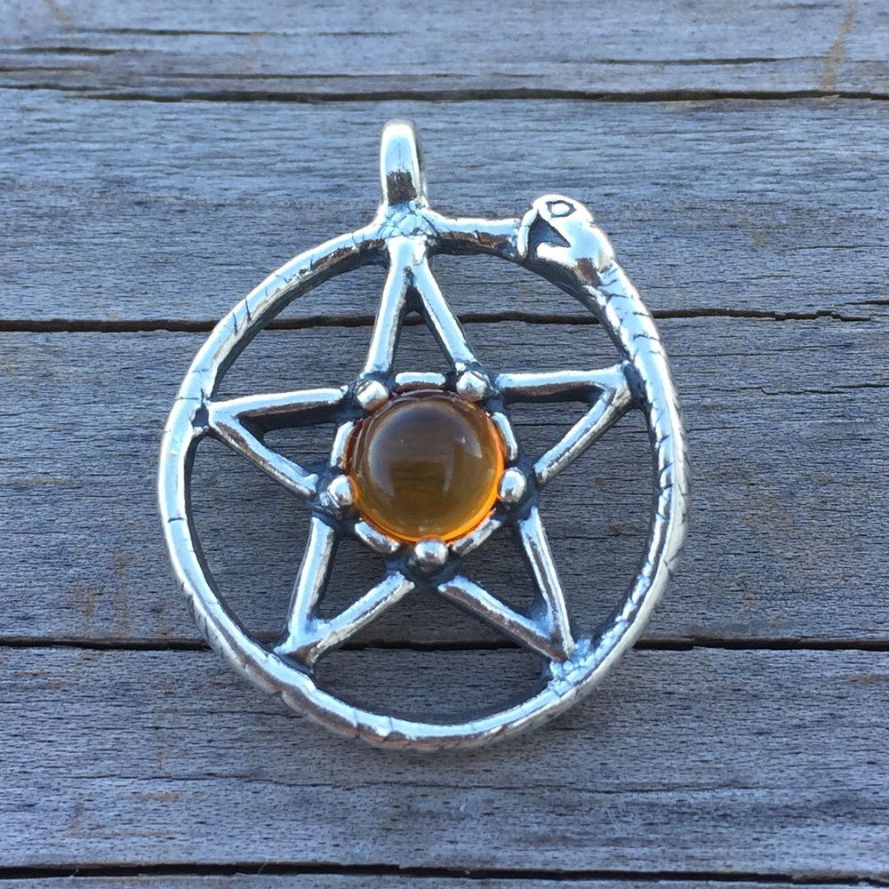 Snake Ouroboros Pentacle .925 Sterling Silver w/ genuine Amber made in USA - Picture 1 of 8